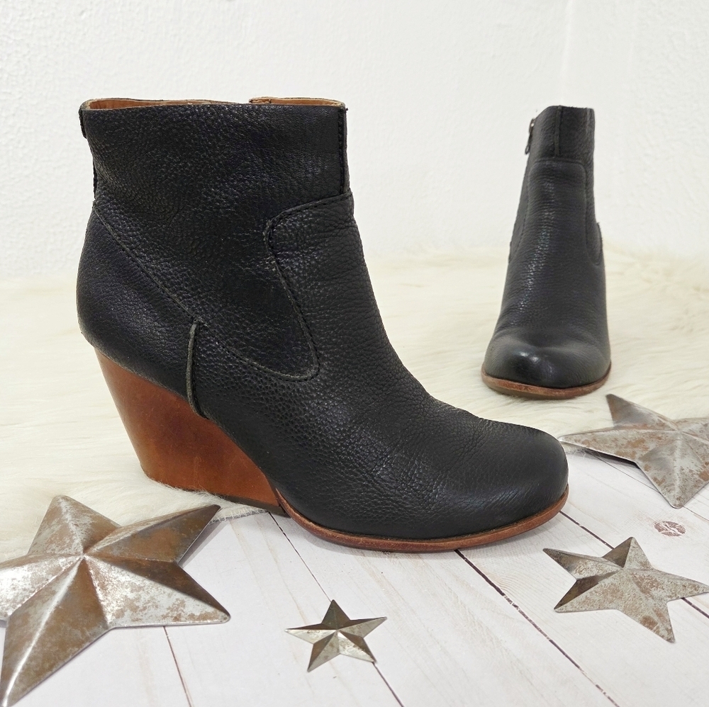 Kork-ease Michelle Wedge Ankle Boots Black Leather Side Zip Women's Size 7